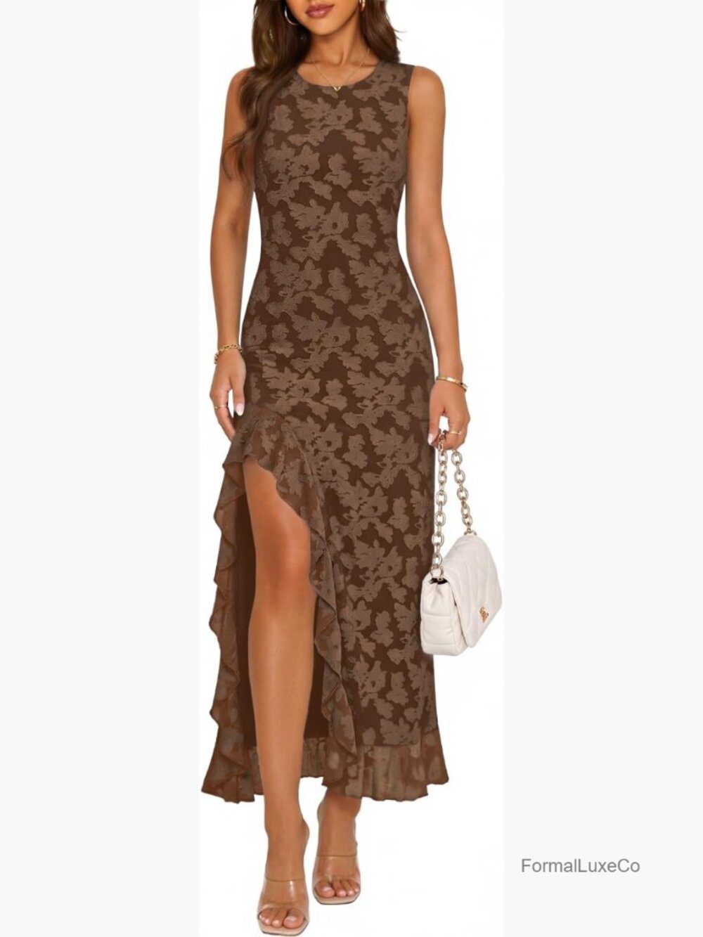 Sleeveless Floral Ruffle High Slit Maxi Dress Bodycon Formal Prom